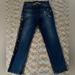 Sahalie Jeans Women's Size 6, Blue Denim, Stretch Floral Embroidered Tapered Leg